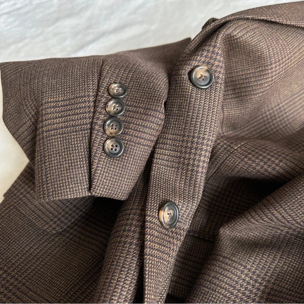 Jos A Bank 46L Beige Blue 100% Wool Sport Coat Glen Check Pattern